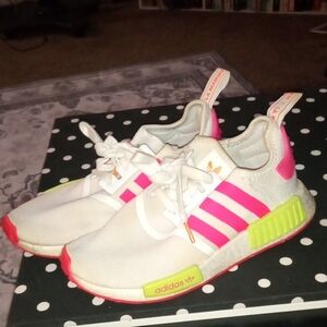 Adidas Women's Sneakers - White, Pink, and Neon Green